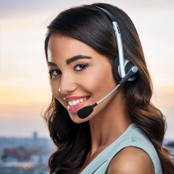 gorgeous young woman with headset in call centre, AI generated image