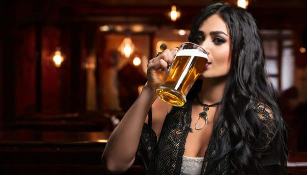 gorgeous young goth woman drinking beer in a pub, AI generated image
