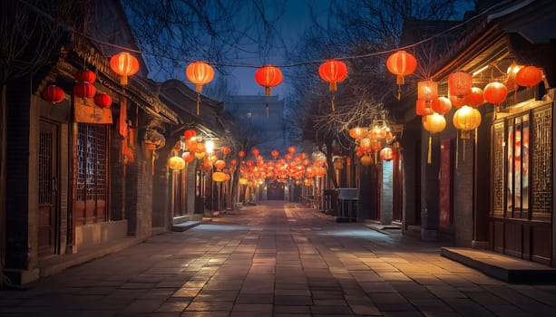 Chinese neatly hung illuminated paper red lanterns in the night of Chinese Happy New Year festival of happiness. Banner, postcard. Empty street of downtown or city with nobody, no people. Old houses
