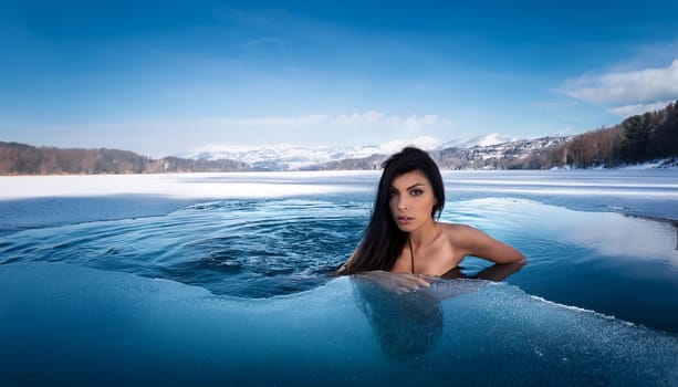 gorgeous young woman swimming in iced lake, AI generated image