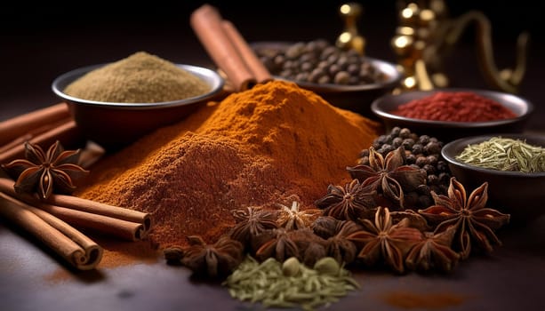 many hot indian spices including curry and curcuma, AI generated image