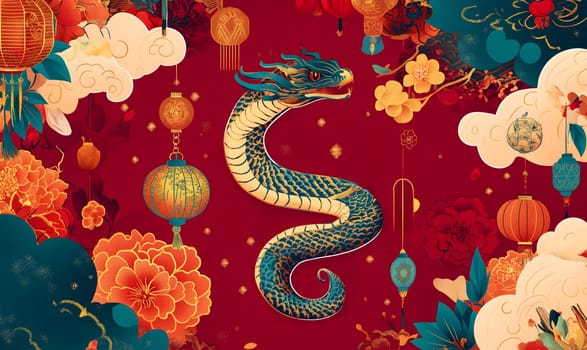 Chinese New Year 2025, year of the Snake, dragon symbol. Chinese zodiac. Red, yellow, golden snake and flowers. Happy New Year festival of happiness. Banner, postcard. Copy space, empty layout