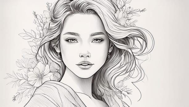 gorgeous hand drawn illustration of young woman, AI generated image