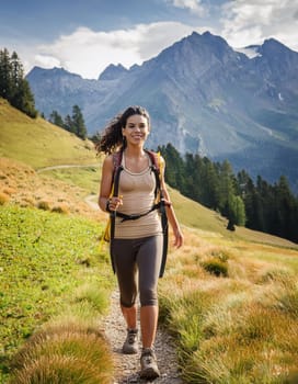 pretty young fit woman hiking, AI generated image