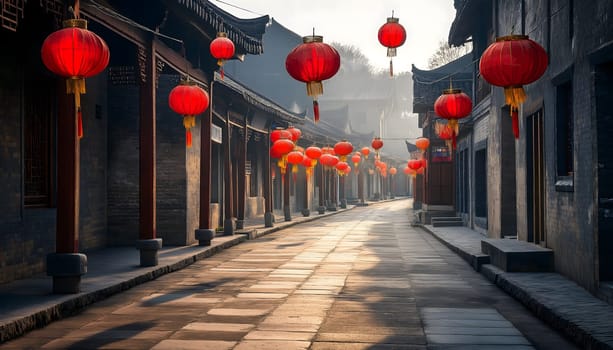 Chinese neatly hung illuminated paper red lanterns in the night of Chinese Happy New Year festival of happiness. Banner, postcard. Empty street of downtown or city with nobody, no people. Old houses