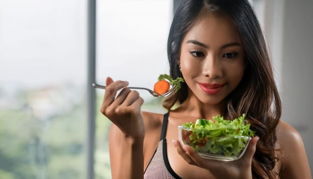 gorgeous young woman eating salad, AI generated image