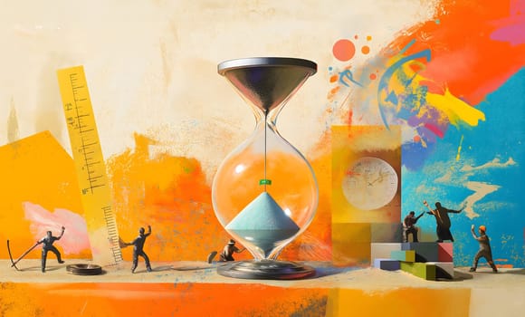 Contemporary abstract art collage picture. Composite colorful artwork image texture background. Time is money. Hard building work, house development. Sand clock. Ruler. Funny running man solve problem