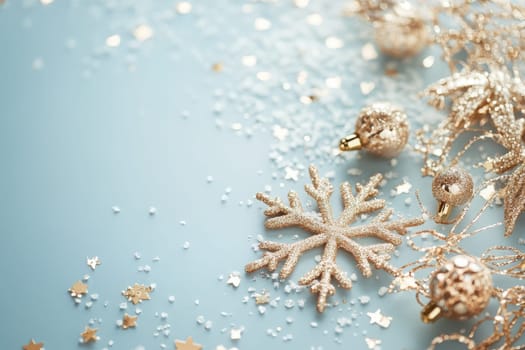 A collection of decorative snowflakes and shiny ornaments rests on a clean, solid-colored surface, evoking a cheerful winter holiday spirit. This festive arrangement shines with elegance.