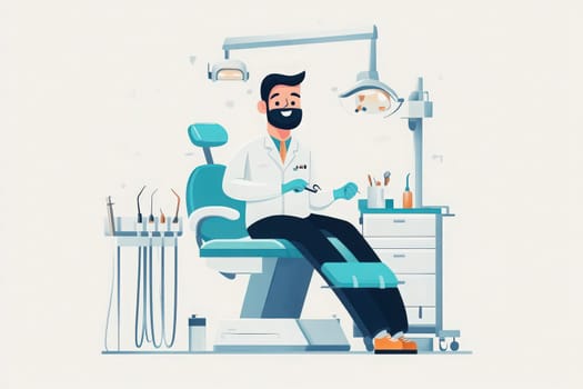 A dentist with a bright smile sits comfortably in a minimalist clinic waiting for a patient. The modern setup highlights the dentists tools and instruments, emphasizing a clean environment.
