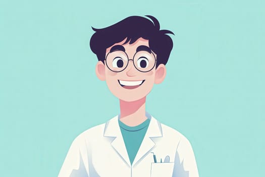 A cheerful dentist in a white coat and glasses smiles broadly. The clean and minimalist design emphasizes a professional dental practice, evoking a welcoming and friendly environment.