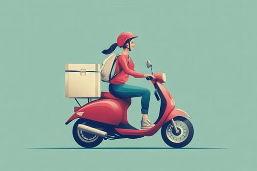 A delivery woman travels on a red scooter, carrying a package. She wears a helmet and a backpack, showcasing a clean and simple design against a solid pastel background.