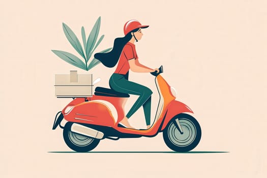 A woman on a red scooter delivers plants in a clean and minimalist design. She wears a red shirt and a helmet, riding confidently through a simple, light background.