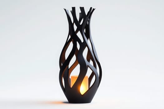 A sleek designer lamp stands isolated in the center, showcasing its unique black design. The soft illumination from within creates an inviting atmosphere, perfect for modern interiors.