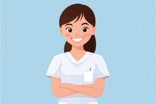 A friendly dentist stands confidently with arms crossed, wearing white scrubs in a clean, minimalist dental office. The backdrop features a soothing blue color, enhancing the professional atmosphere.