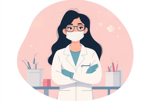 A female dentist stands confidently in a modern clinic, wearing a lab coat and mask. Behind her, dental instruments are neatly arranged, highlighting a professional and welcoming environment.