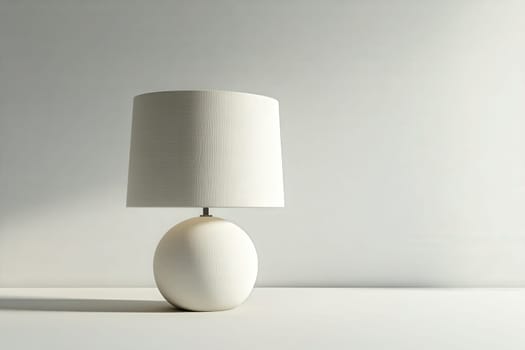 A stylish designer lamp features a spherical base and a textured fabric shade, positioned centrally against a neutral background, creating a striking focal point in a contemporary space.