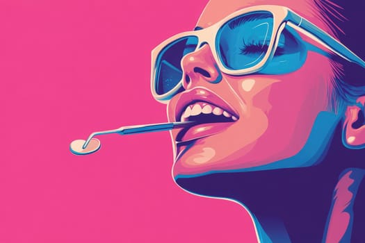 The female dentist, wearing stylish sunglasses, smiles while holding a dental tool, showcasing her confidence in a cheerful and colorful atmosphere.