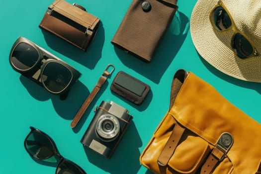 A collection of digital nomad essentials is neatly arranged on a bright surface, showcasing sunglasses, a camera, a bag, and accessories that enhance a travel-friendly experience.