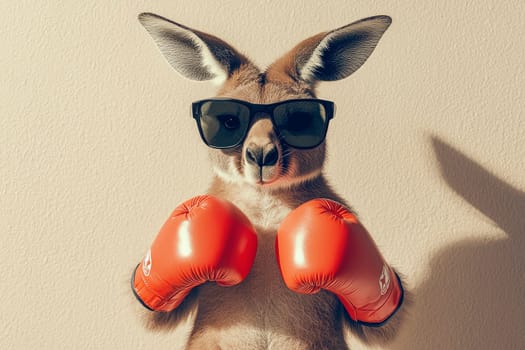 A kangaroo with red boxing gloves, posing like a champion. AI generated