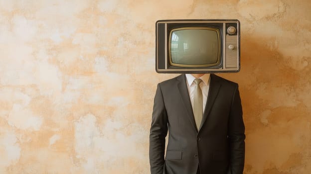 Businessman in suit with retro TV instead of head. Copy space. AI generated