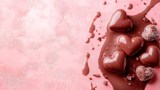 Chocolate hearts melting on a pink textured stone background. St. Valentines day background. AI generated