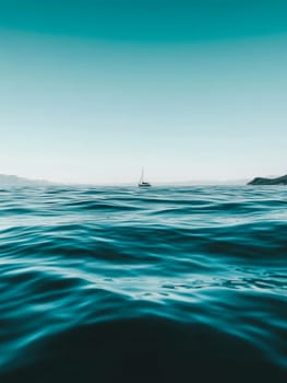 Serene seascape with a solitary sailboat on the horizon, surrounded by tranquil turquoise waters and a gradient blue sky, embodying peace and adventure.