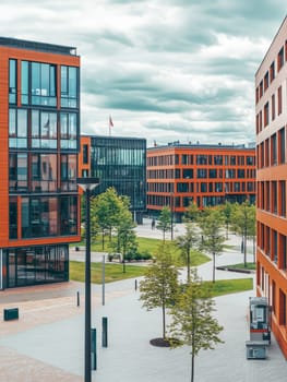 A contemporary urban campus with striking orange buildings, glass facades, and green spaces, showcasing modern architecture and sustainable design under a cloudy sky.