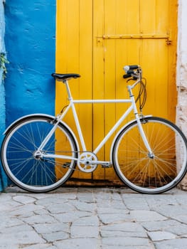 Stylish white bicycle parked against a vibrant blue and yellow wall, showcasing urban design and colorful street aesthetics. Perfect for lifestyle and travel concepts.