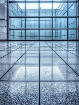 Geometric pattern of glass and steel in a modern building interior, showcasing contemporary architecture with clean lines and reflective surfaces. Ideal for business concepts.