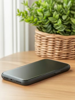 Modern smartphone on wooden table next to wicker basket with lush green plant, symbolizing technology and nature in harmony. Ideal for work from home concepts.