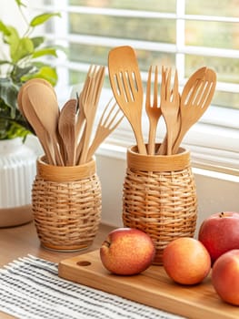 Eco friendly wooden cooking utensils arranged in woven baskets by a sunny window, with fresh apples nearby, showcasing sustainable kitchen tools and natural living.