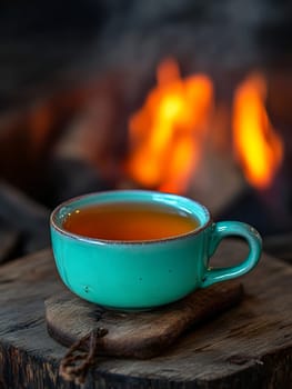 A cozy turquoise mug filled with steaming tea sits on a rustic wooden surface with a warm, blurred fireplace in the background, embodying comfort and relaxation.