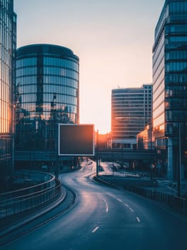 A breathtaking view of a modern city skyline with illuminated glass skyscrapers and curved roads at sunset, showcasing urban development and architectural marvels.