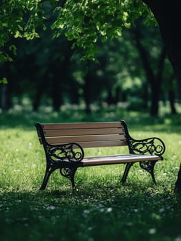 A classic wooden park bench with ornate iron armrests sits empty on lush grass beneath a canopy of vibrant green leaves, inviting relaxation and contemplation.