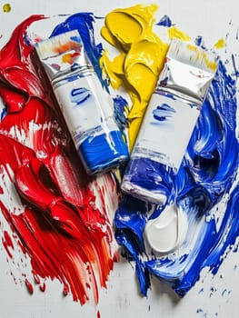 Tubes of vibrant red, blue, and yellow acrylic paint with paintbrushes, creating a dynamic composition of primary colors and artistic tools on a white canvas.