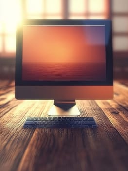 Modern computer monitor displaying a serene sunset seascape on a wooden desk, blending technology with nature's beauty in a home office setting.