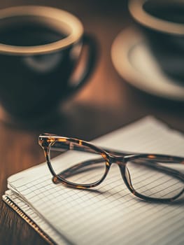 Tortoiseshell eyeglasses resting on a lined notebook with blurred coffee cups in the background, creating a cozy workspace atmosphere.