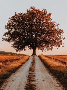 Solitary oak tree with sprawling branches stands at the end of a dirt road through golden wheat fields, illuminated by warm sunset light.