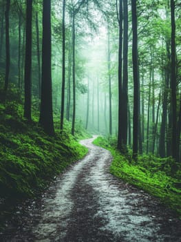 A winding dirt path through a misty forest of tall trees, creating an atmospheric and enchanting scene with lush green undergrowth.