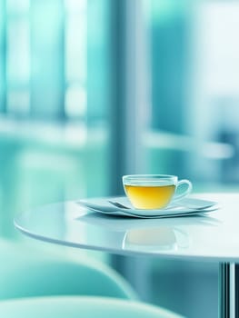 A delicate cup of green tea on a white saucer, set against a soft focus turquoise background, creating a serene and minimalist atmosphere in a modern interior.