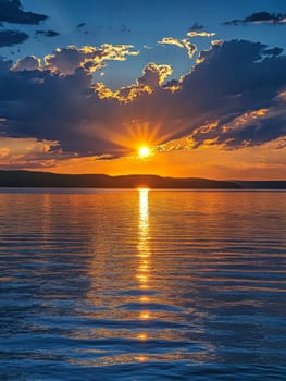 Breathtaking sunset scene with golden sun rays piercing through dramatic clouds, reflecting on the calm waters of a serene lake.