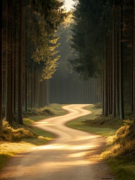 Winding dirt road through a dense pine forest, illuminated by soft sunlight filtering through the trees, creating a magical atmosphere.