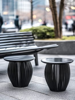 Stylish black sculptural side tables in an urban outdoor seating area, showcasing modern design against a backdrop of city buildings and greenery.