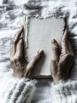 Close up of wrinkled hands gently holding a frayed, old book against a textured background, evoking themes of wisdom, memory, and the passage of time.