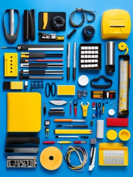 Organized collection of yellow and black office tools and stationery items neatly arranged on bright blue background, showcasing workspace essentials.