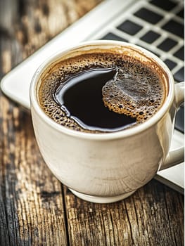 Close up of a steaming cup of black coffee on a laptop keyboard, symbolizing productivity and workplace refreshment on a rustic wooden desk.