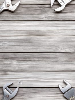 Weathered wooden planks background with metal wrenches partially visible, providing copy space for DIY, construction, or carpentry concepts.