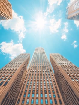 Low angle view of modern skyscrapers stretching towards a bright blue sky with fluffy white clouds, symbolizing urban growth and ambition.