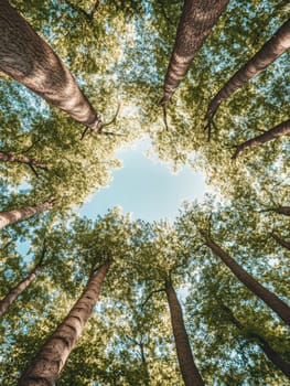 Looking up at majestic tall trees in a lush forest, sunlight filtering through green canopy, showcasing nature's grandeur and tranquility.