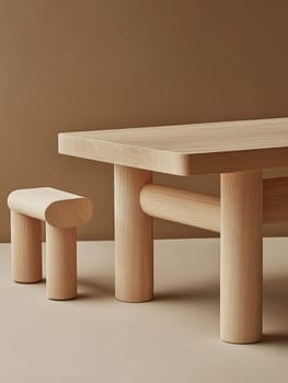A modern minimalist oak table and stool set featuring clean lines, cylindrical legs, and natural wood grain texture against a neutral background.